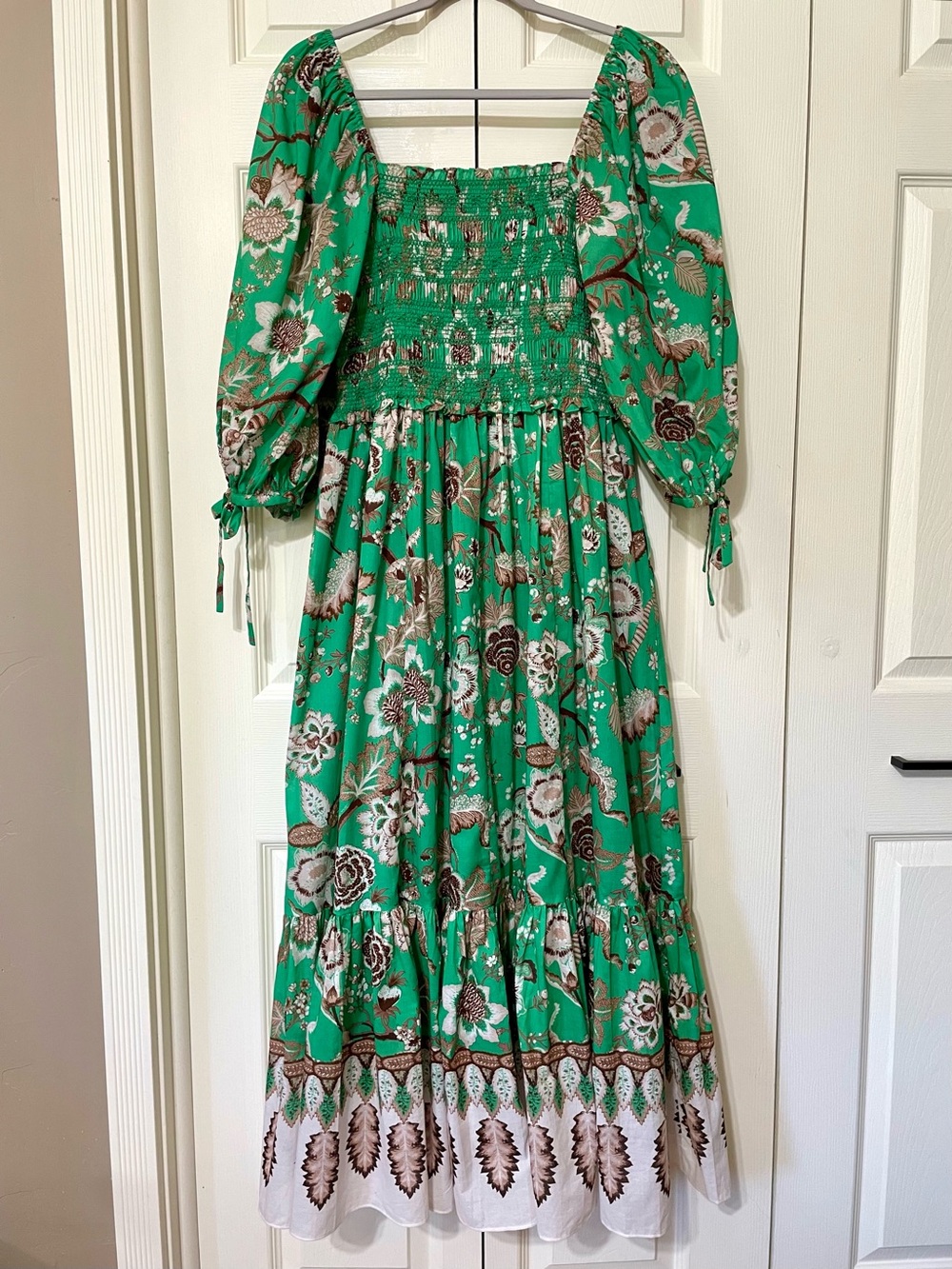 Cara Cara Jazzy Midi Dress Green Floral Smocked Puff Sleeve Cotton Cottagecore - Picture 10 of 16